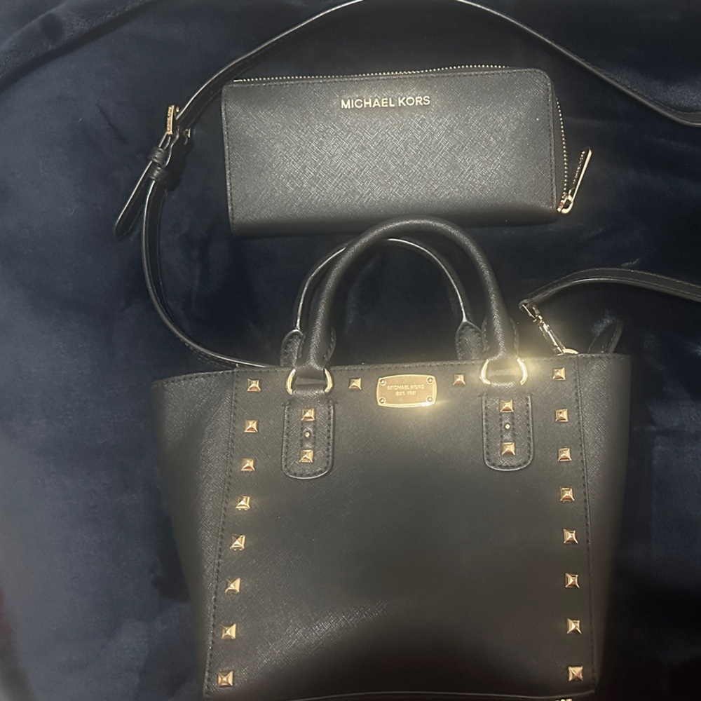 Michael Kors Black Studded Satchel and Wallet